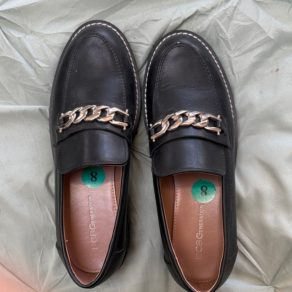 BCBGeneration Black Loafers with Silver Chain Accent, size 8